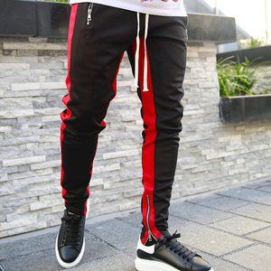 WOCACHI Men's Black & Red Side Stripe Track Pants with Zipper Pockets – NEW